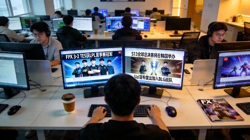 电竞新闻编辑室工作场景，屏幕上显示多条快讯